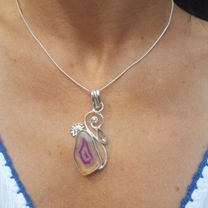 .925 Pink Sliced Agate with Topaz Necklace